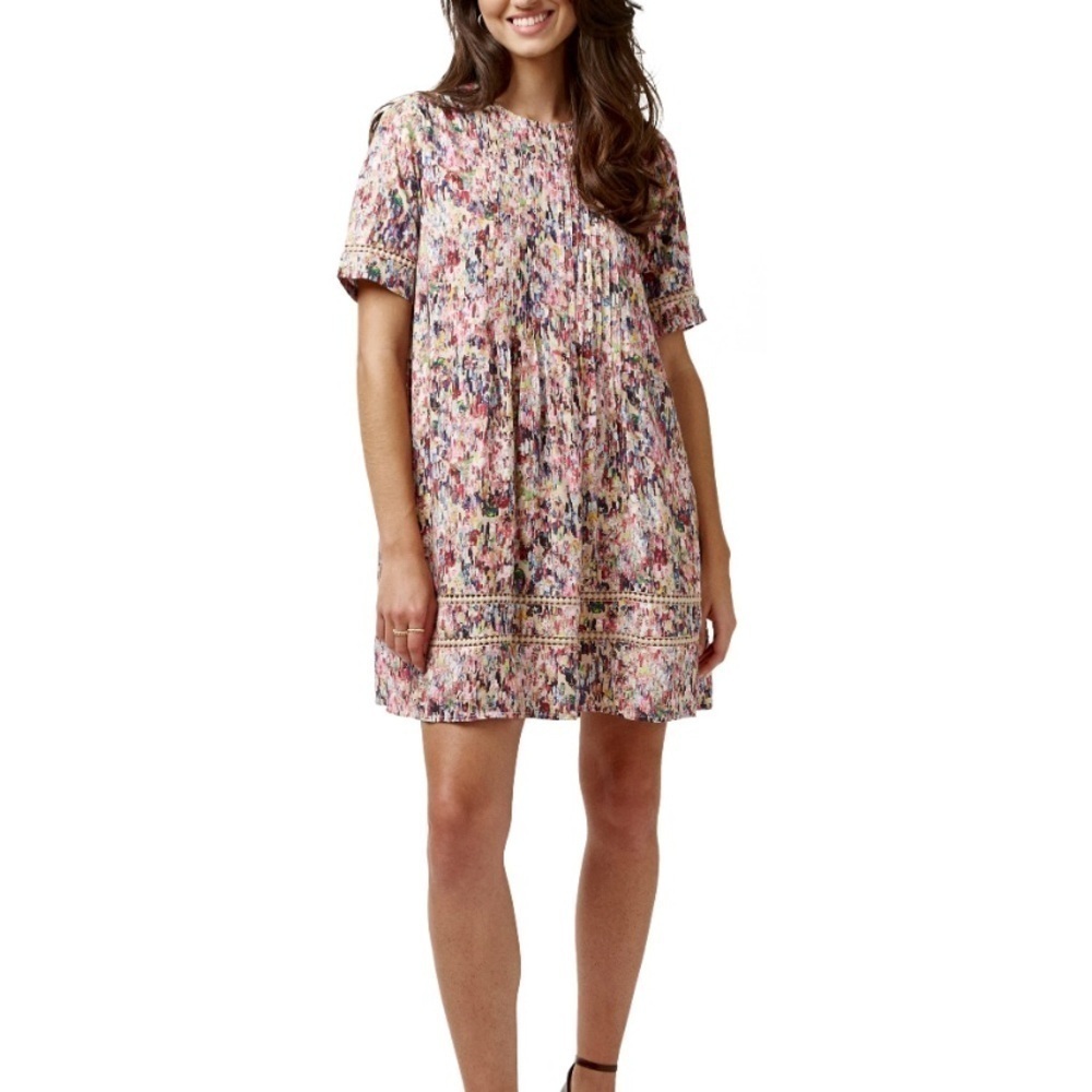 NEW! Buffalo David Bitton Cotton Viscose Babydoll Dress Rainbow Embroidery Small